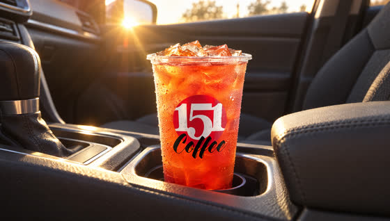 An iced red 151 Energy drink in a car cupholder in morning sun