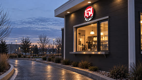 The open service window glowing at dawn
